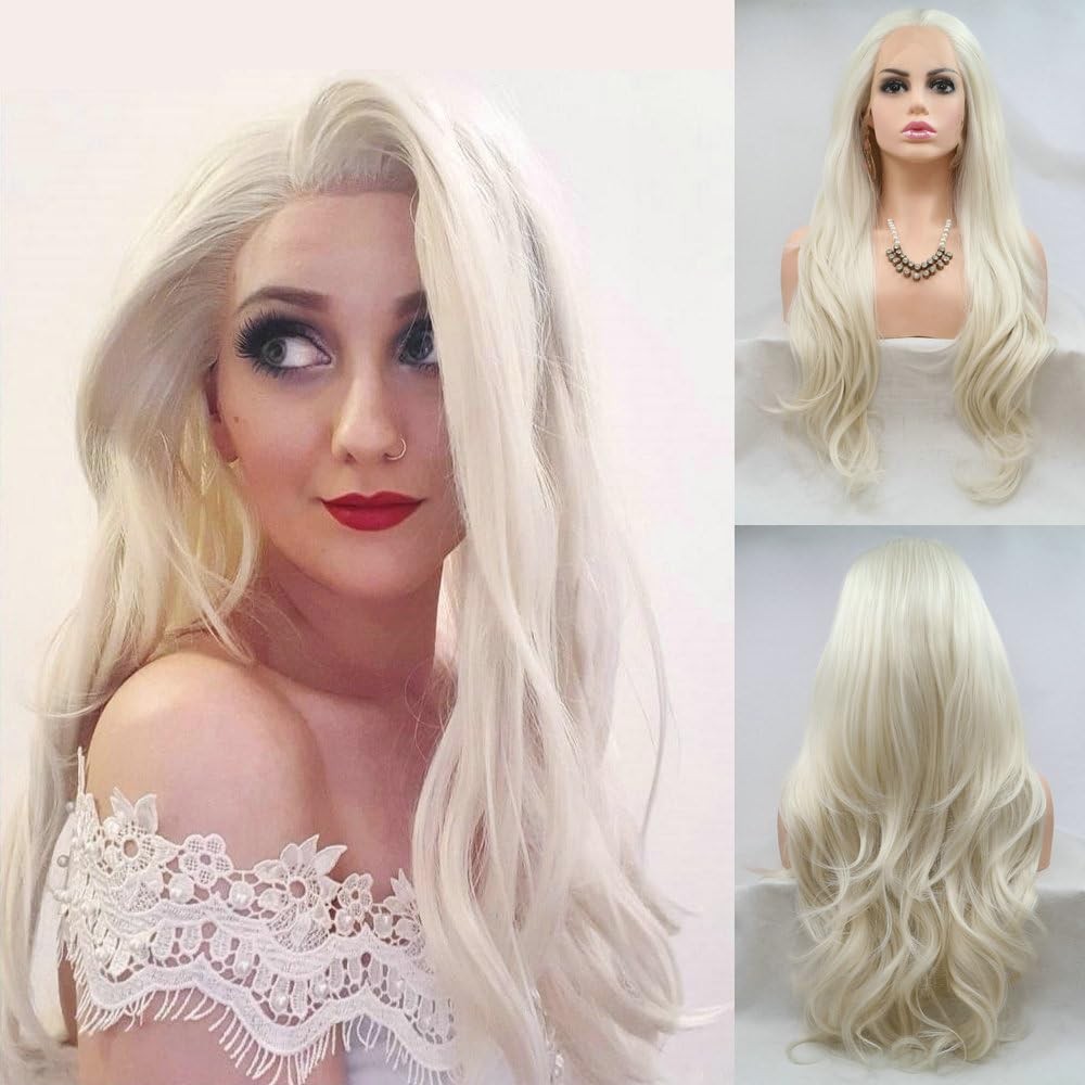 Long Hair Body Wave 60# White Blonde Color Synthetic Lace Front Wigs for Wome…