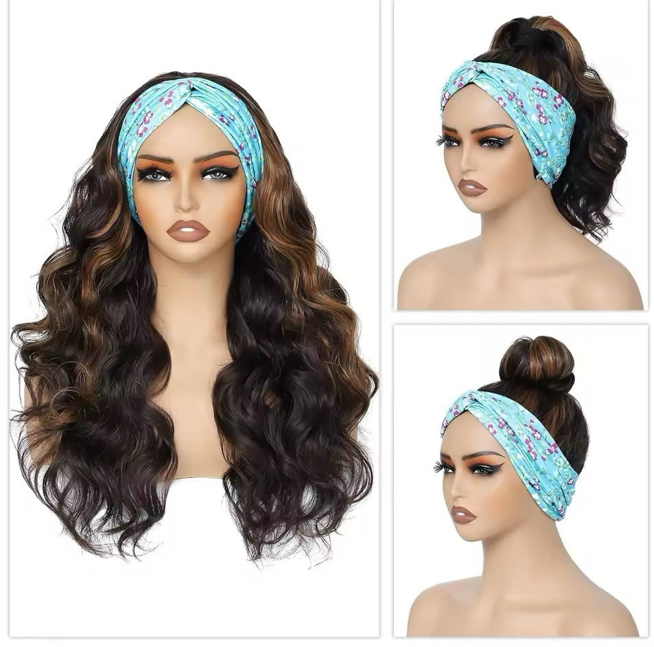 Wavy Headband Wig for Women, Brown Highlight Synthetic Free-Part 11-20 in