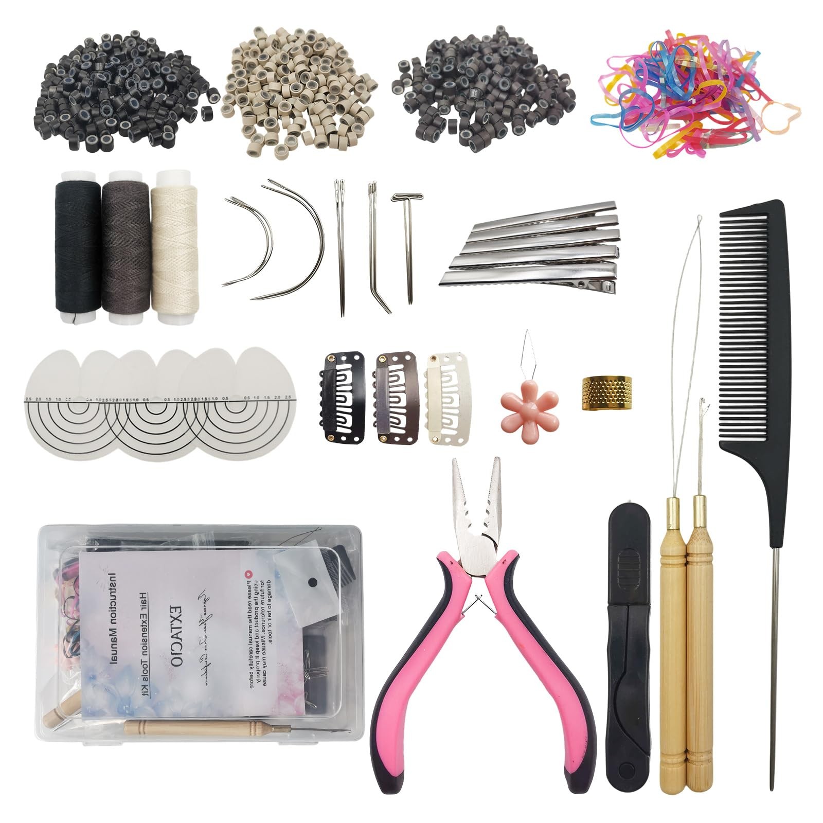 Sew in Hair Extensions Kit, Micro Ring Beads Tool 16 tools Pink/Black