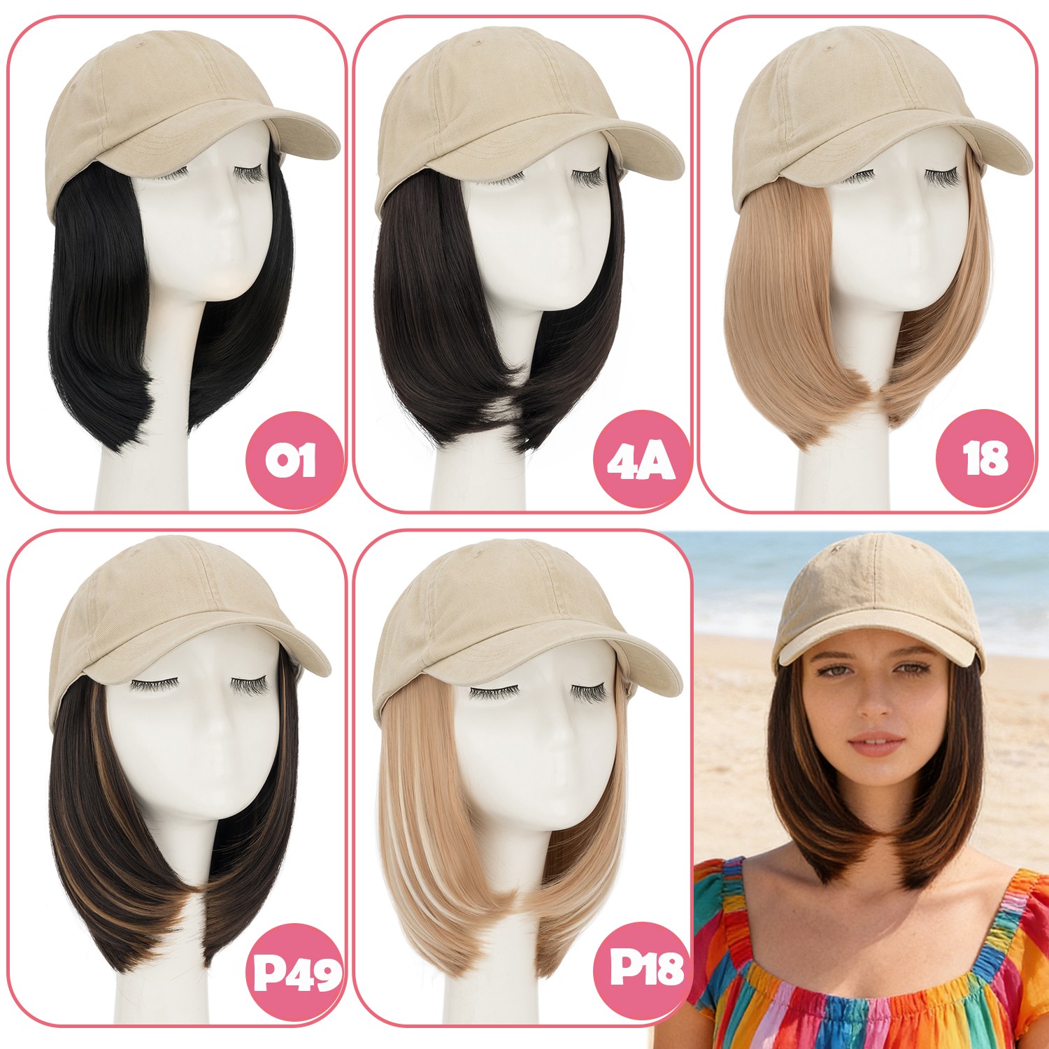Baseball Cap Hat with Short Synthetic Hair,Baseball Hat Cap with Straight Hair M