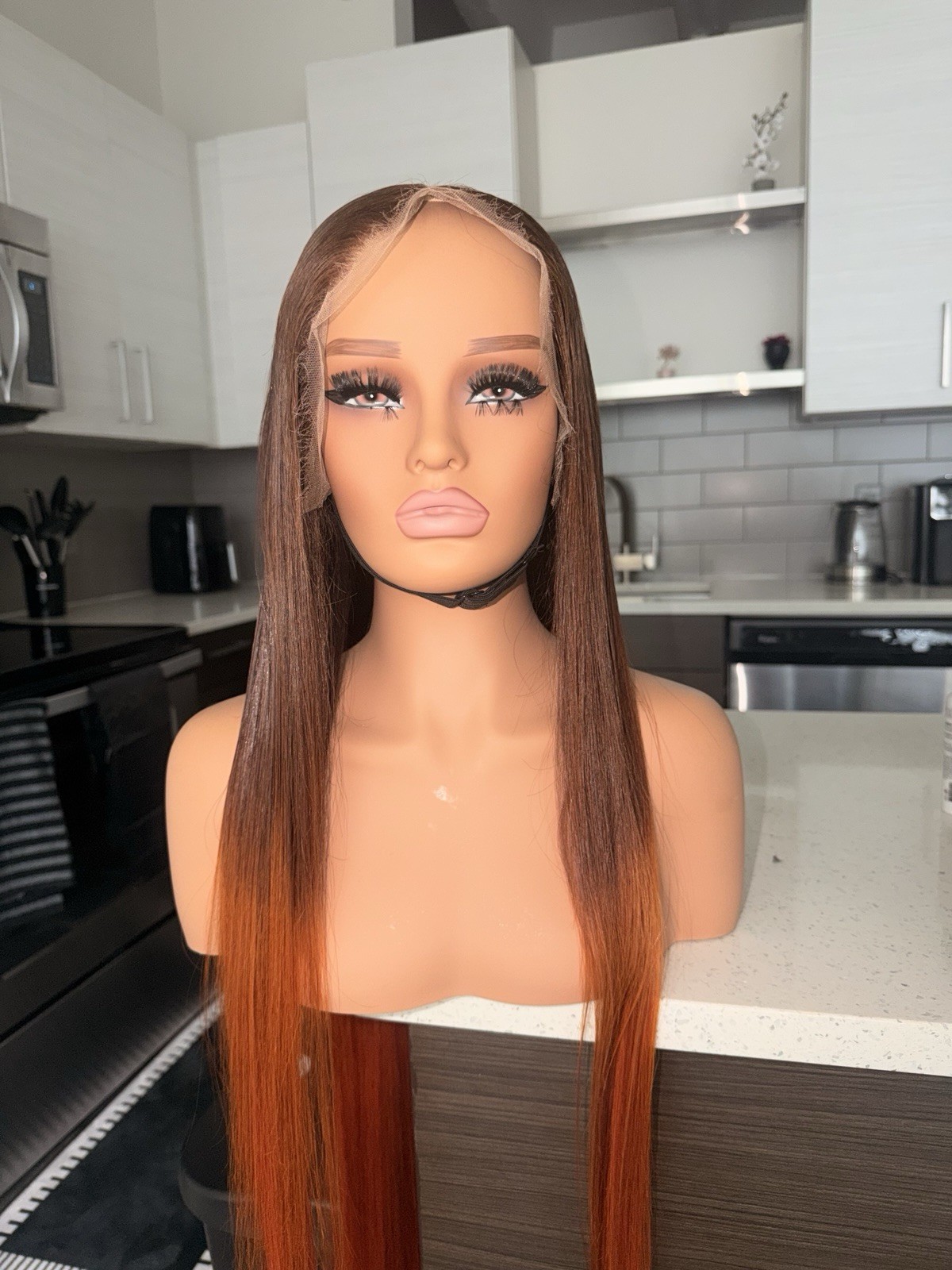 HD Lace Front Human Hair Straight Wig Brown/Auburn Ombre 40in 13*6