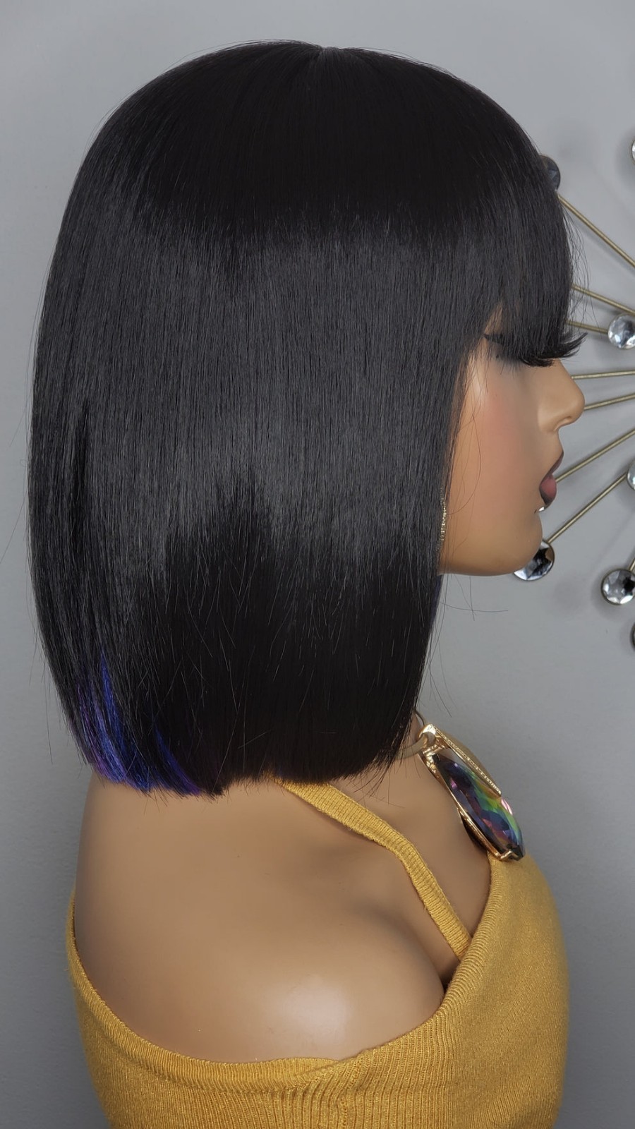 New Short Human Hair Blend Straight Bob Wrap Full Cap Wig Black Blue Purple Wig