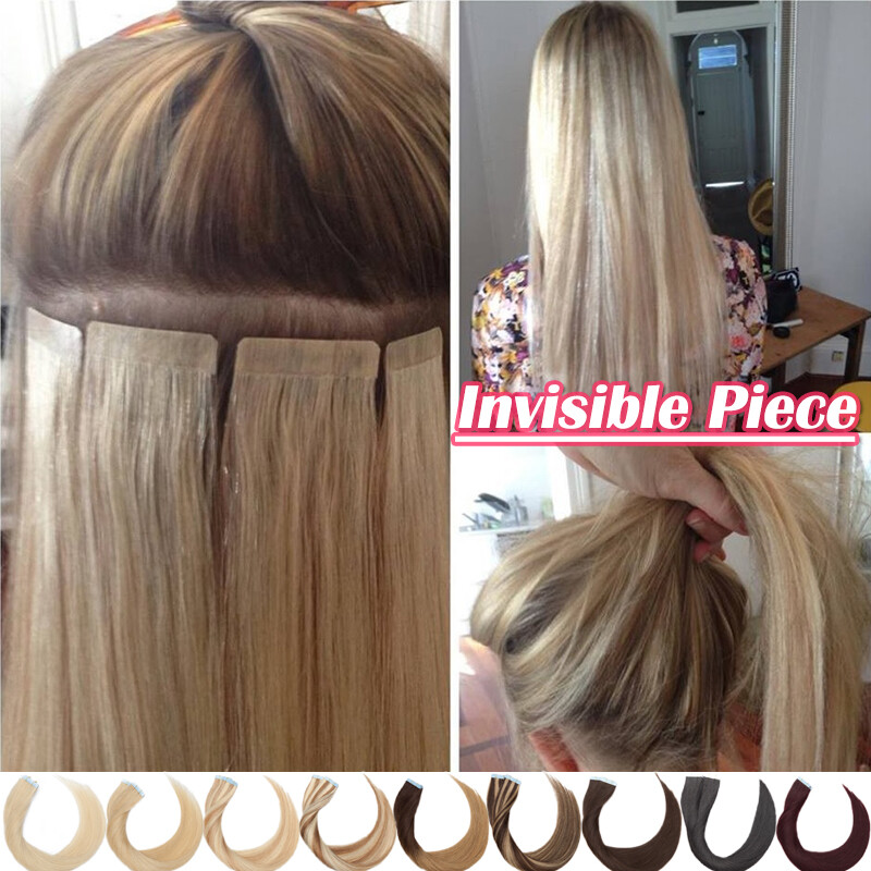 Tape In 100% Real Human Hair Extensions Skin Weft Double Sided Glue Full Head US