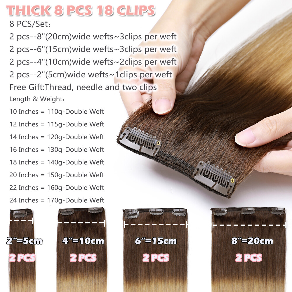 Double Weft 100% Real Human Hair Extensions Clip In Remy Hair THICK Full Head US