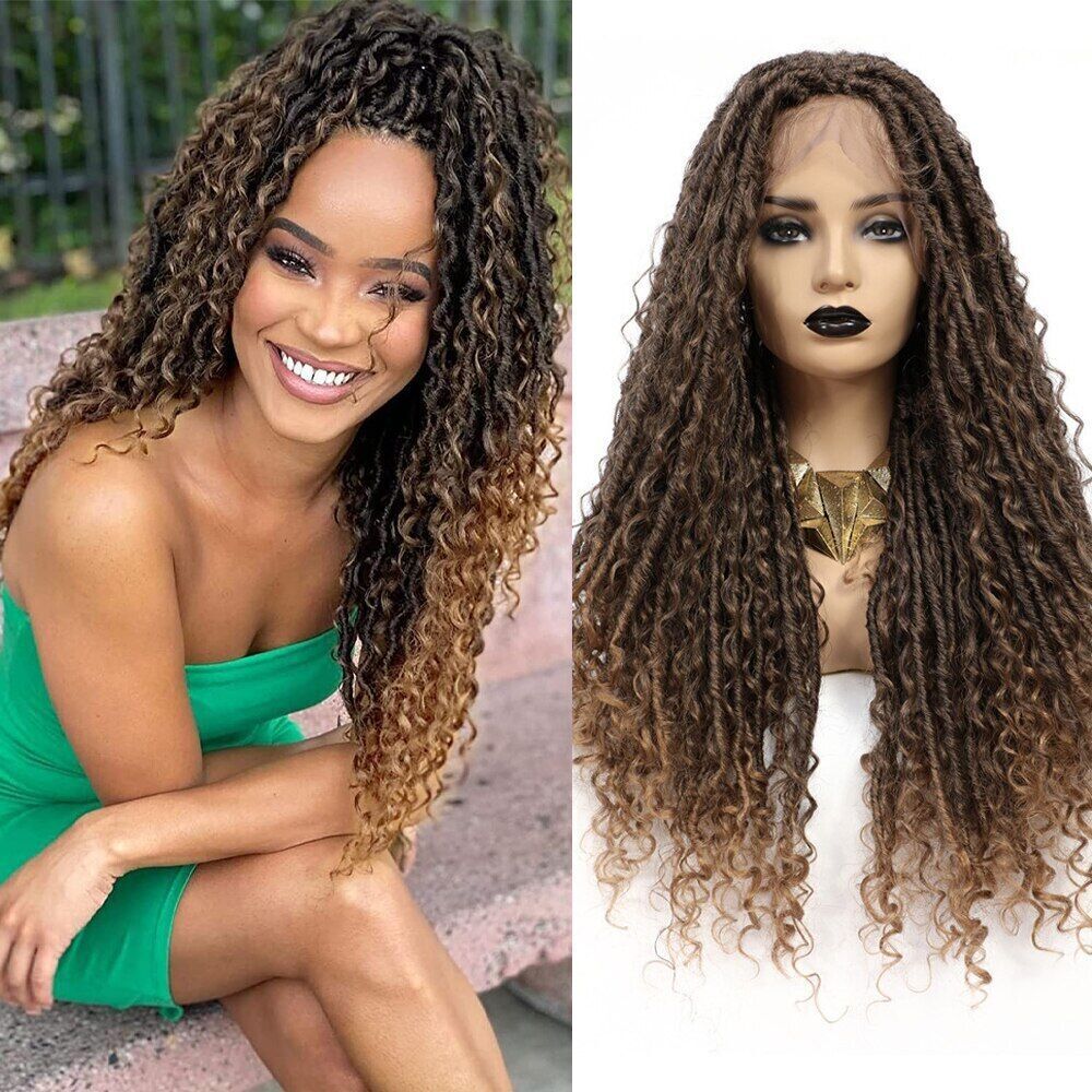 Ombre Brown Synthetic Lace Front Braided Wigs With Curly Ends Middle Part