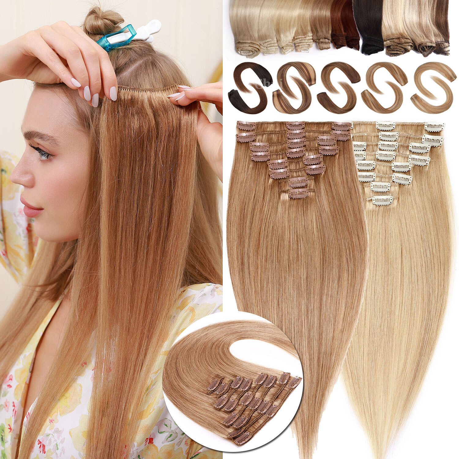 US Premium Clip In Real Remy Human Hair Extensions Blonde Caramel Full Head Weft