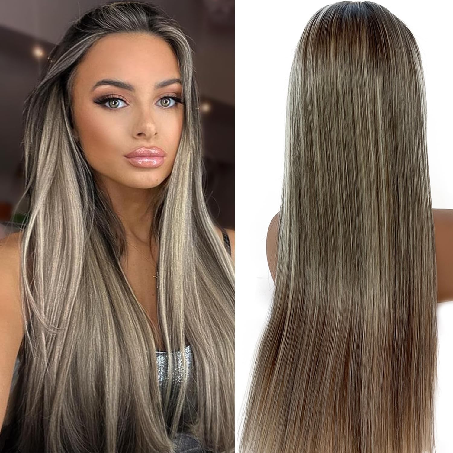 Valiilo 13X6 Ash Blonde Lace Front Wig Human Hair 24 Inch Ombre Brown Blonde