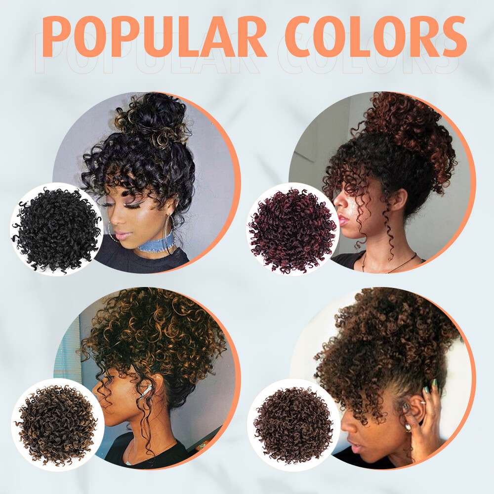 Afro Kinky Curly As Human Hair Clip In Short Ponytail Bun + Bangs Black Women US