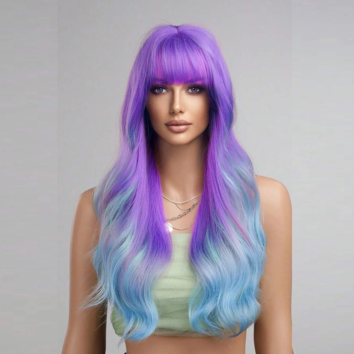 26″ Pastel Rainbow Ombre Long Wavy Wig with Bangs Pink Purple Blue Synthetic