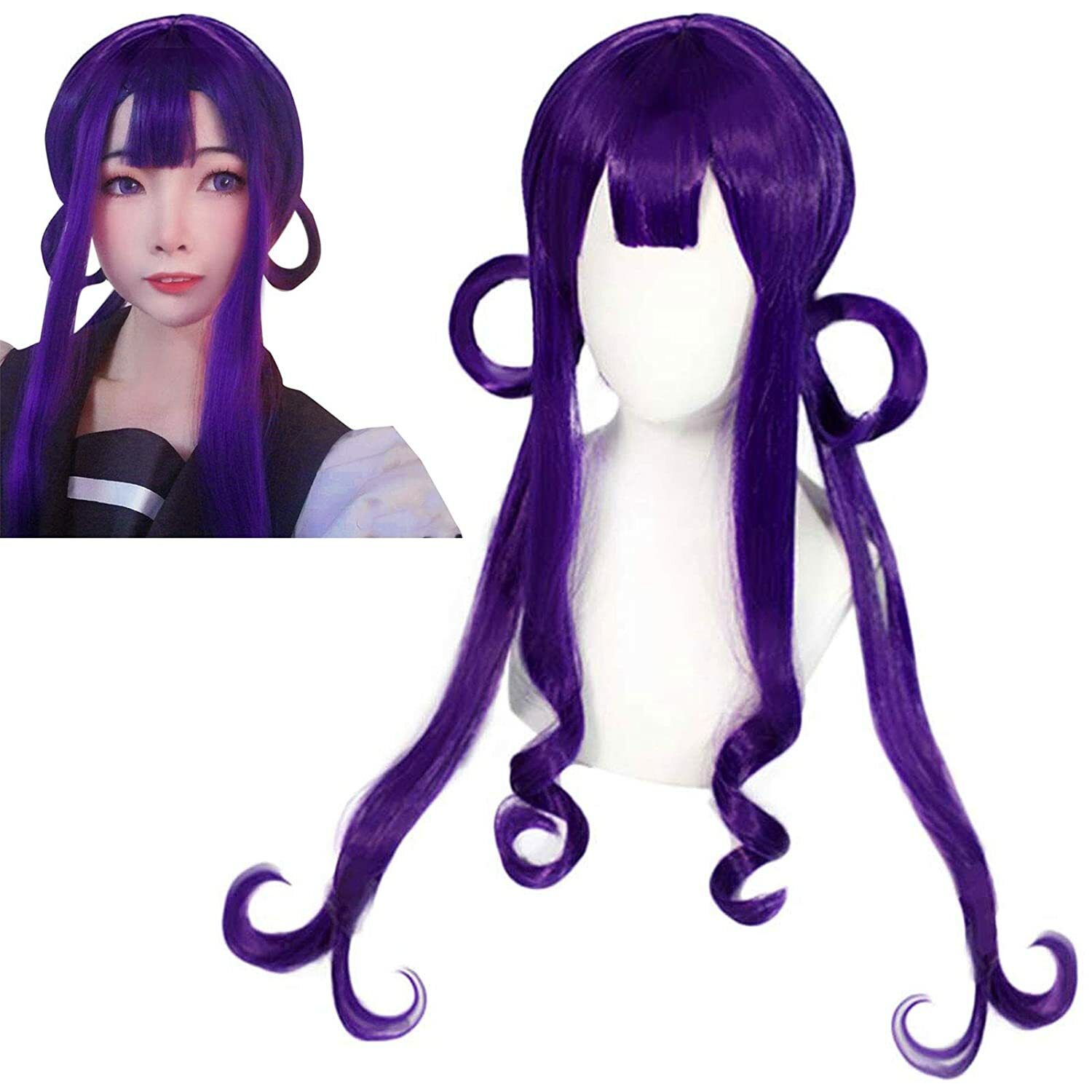 ANOGOL Wig Cap+Purple Wigs Long Wavy Cosplay Wig Purple Cosplay Wigs for Anime