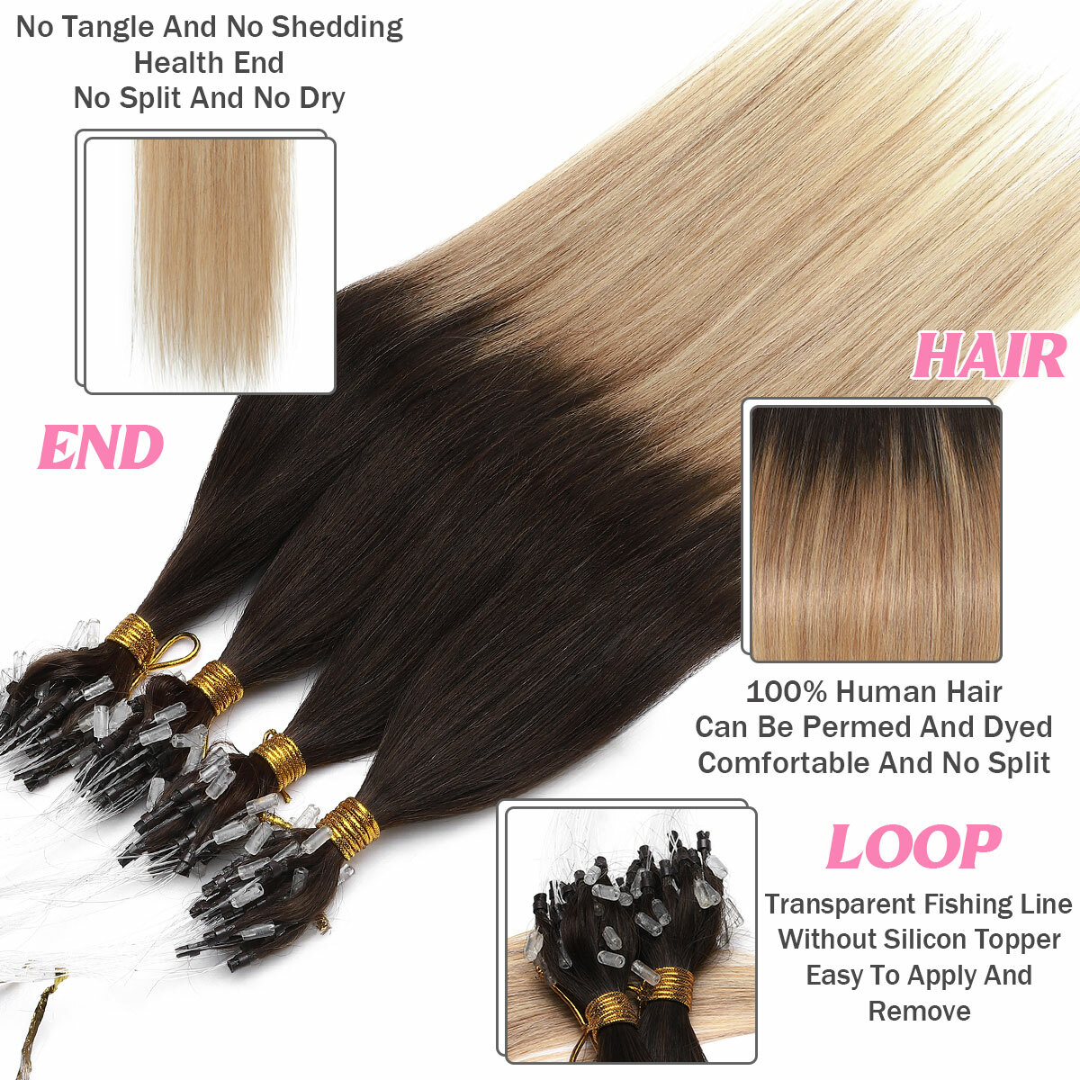 Micro Ring Loop Tip 100% Remy Human Hair Extensions Micro Beads Link Full Head