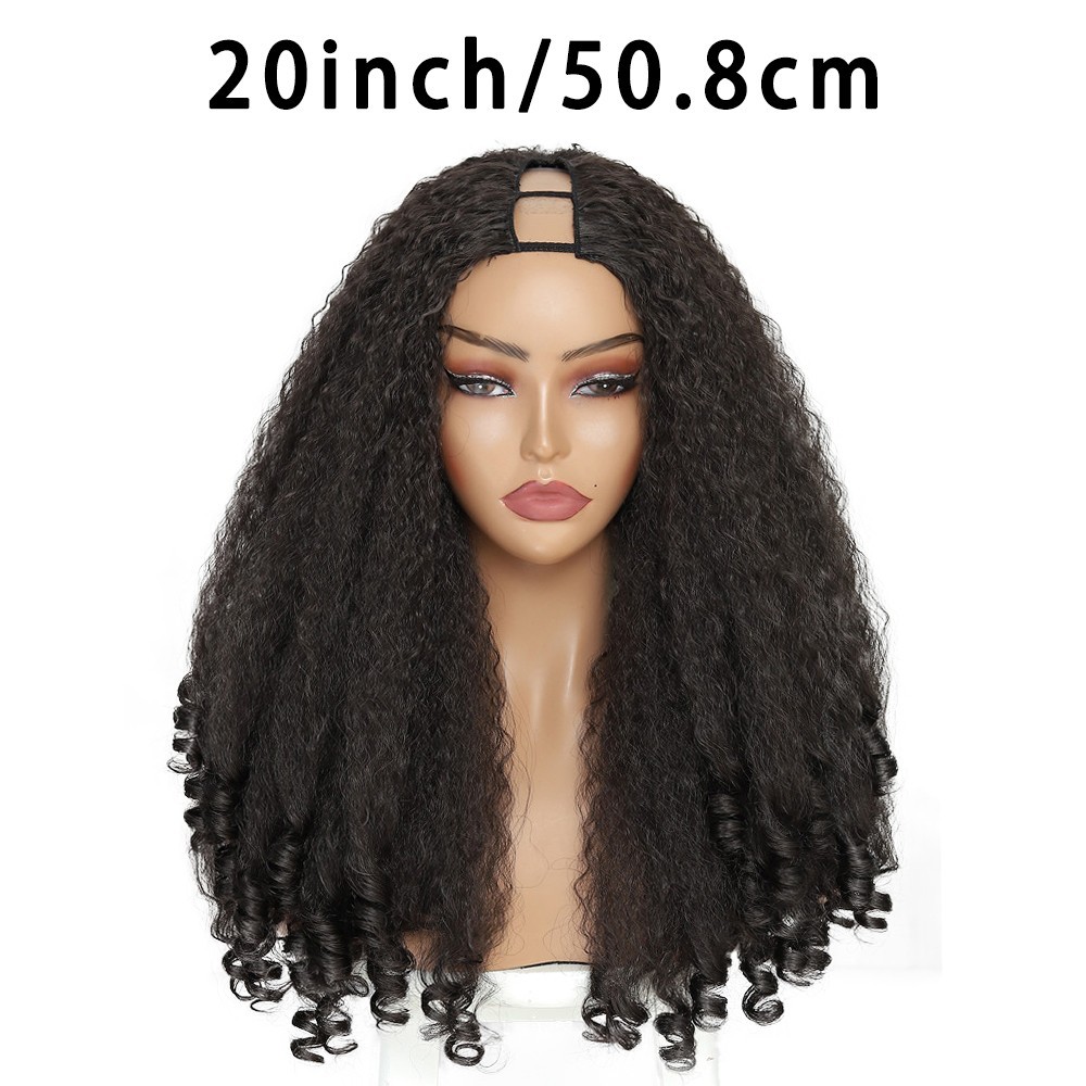 20-inch realistic curly V-shaped slit wig, 130% density rose net cap