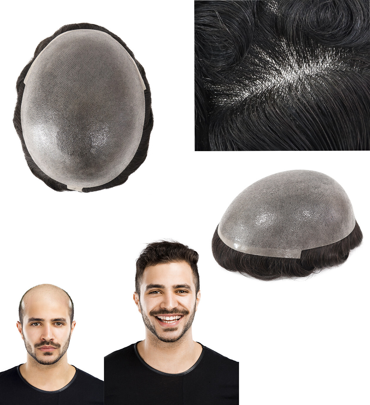 Mens Toupee Human Hair Replacement System 0.04mm Skin PU Hairpiece 100% Denisty