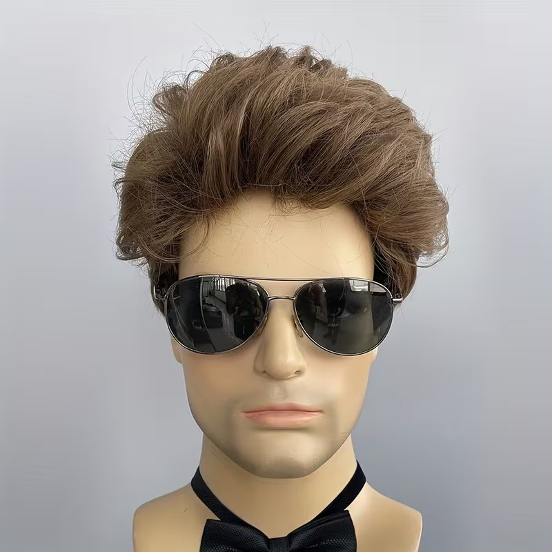 Men Wig Brown Layered Short Beanie Hairpiece Universal Male Cosplay Glueless Wig