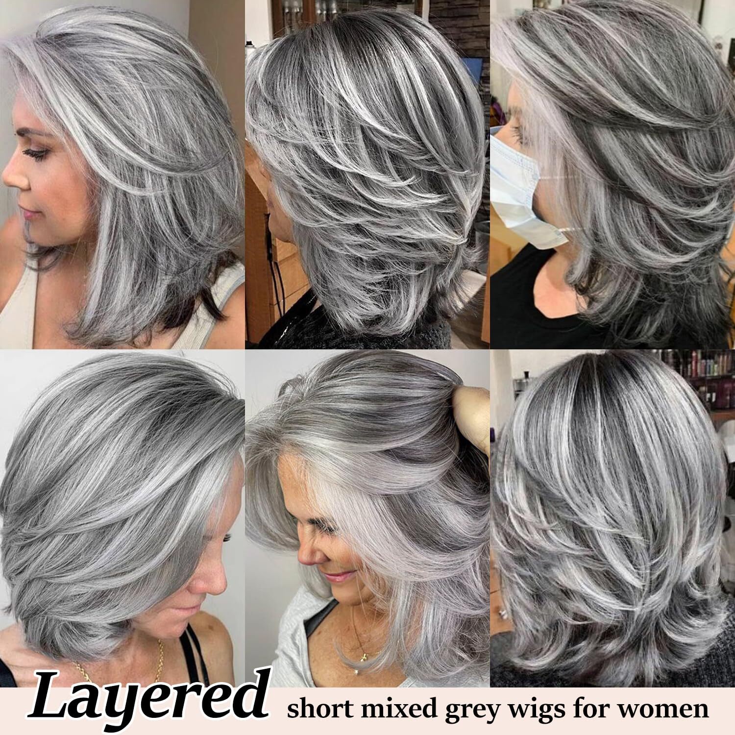 Synthetic Silver Gray Mixed Wavy Short Bob Wigs Shoulder Length for Women Daily