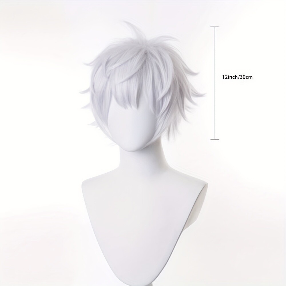 Men Silver White Wig Short Straight Synthetic Anime Hair High Temperature Fiber