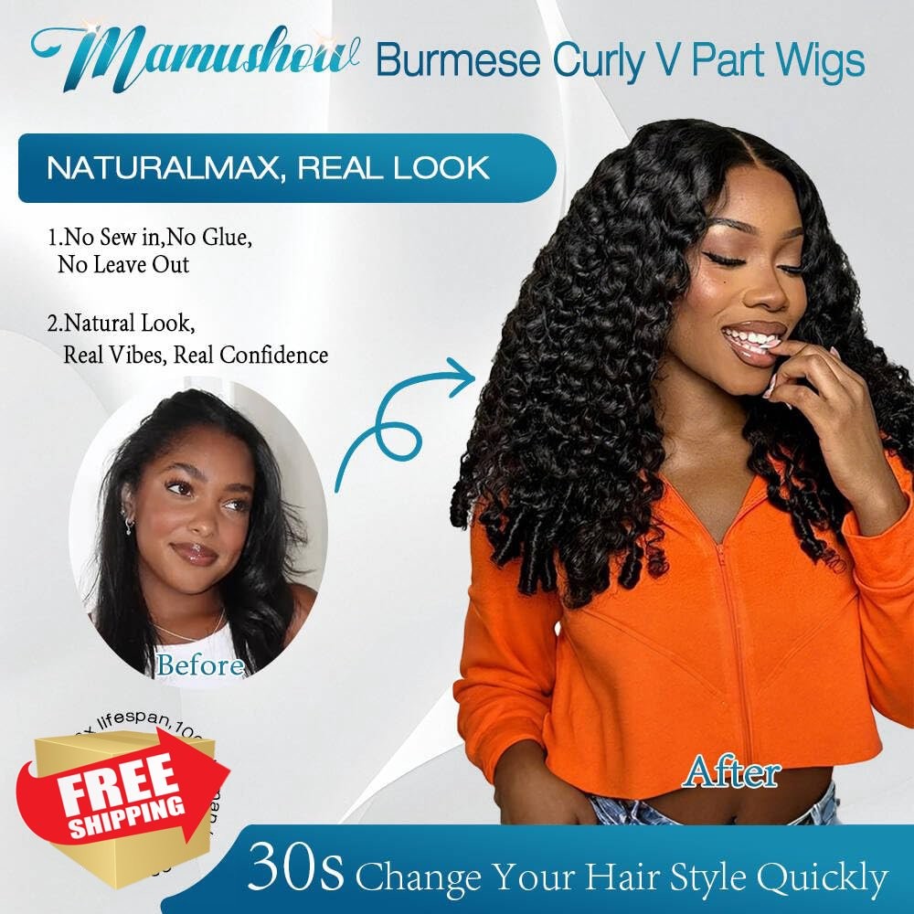 Mamushow 22″ V Part Wig, Burmese Curly Human Hair, Glueless V Shape Natural B…