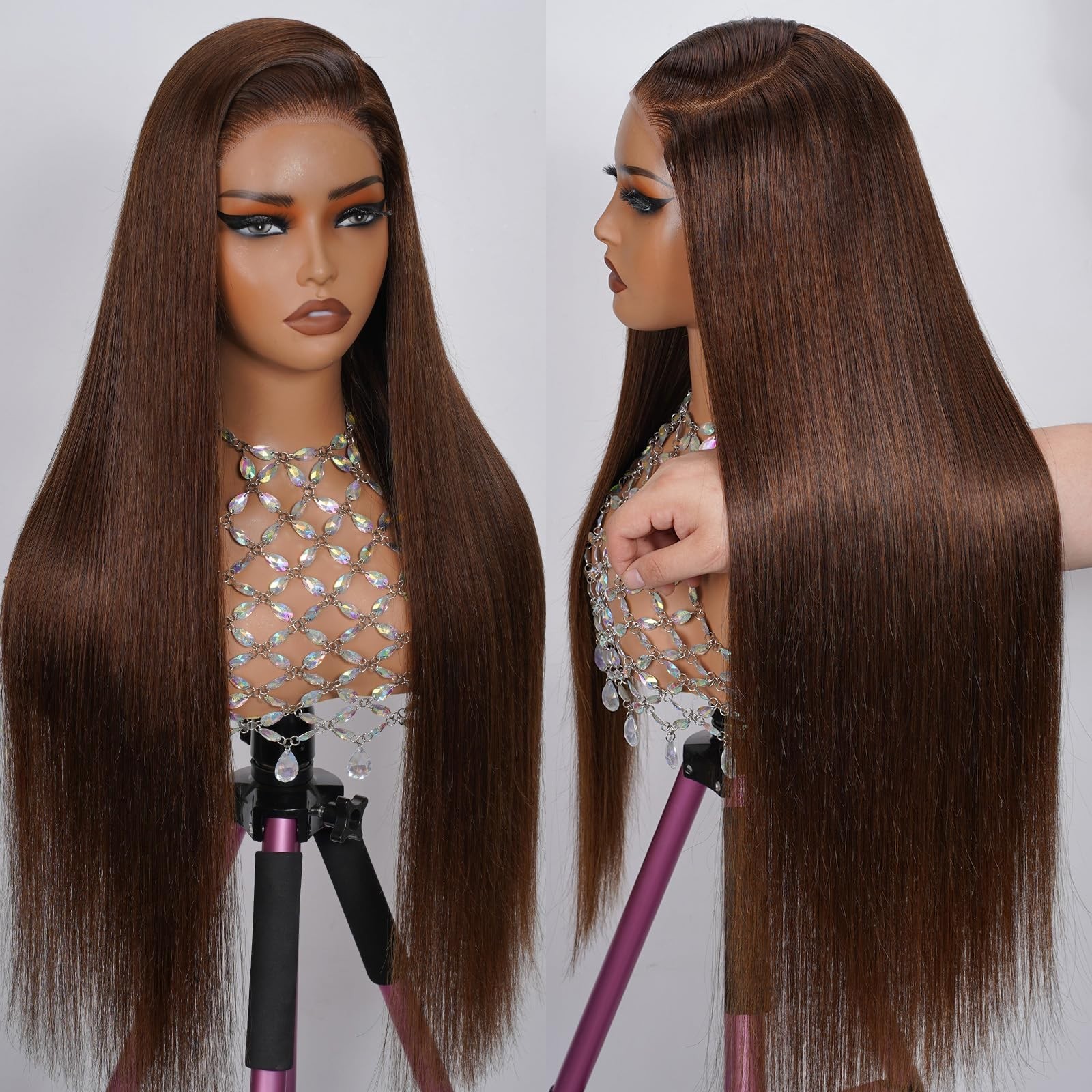 26 Inch Glueless Lace Front Wig – 200% Density Straight Chocolate Brown, Pre Plu