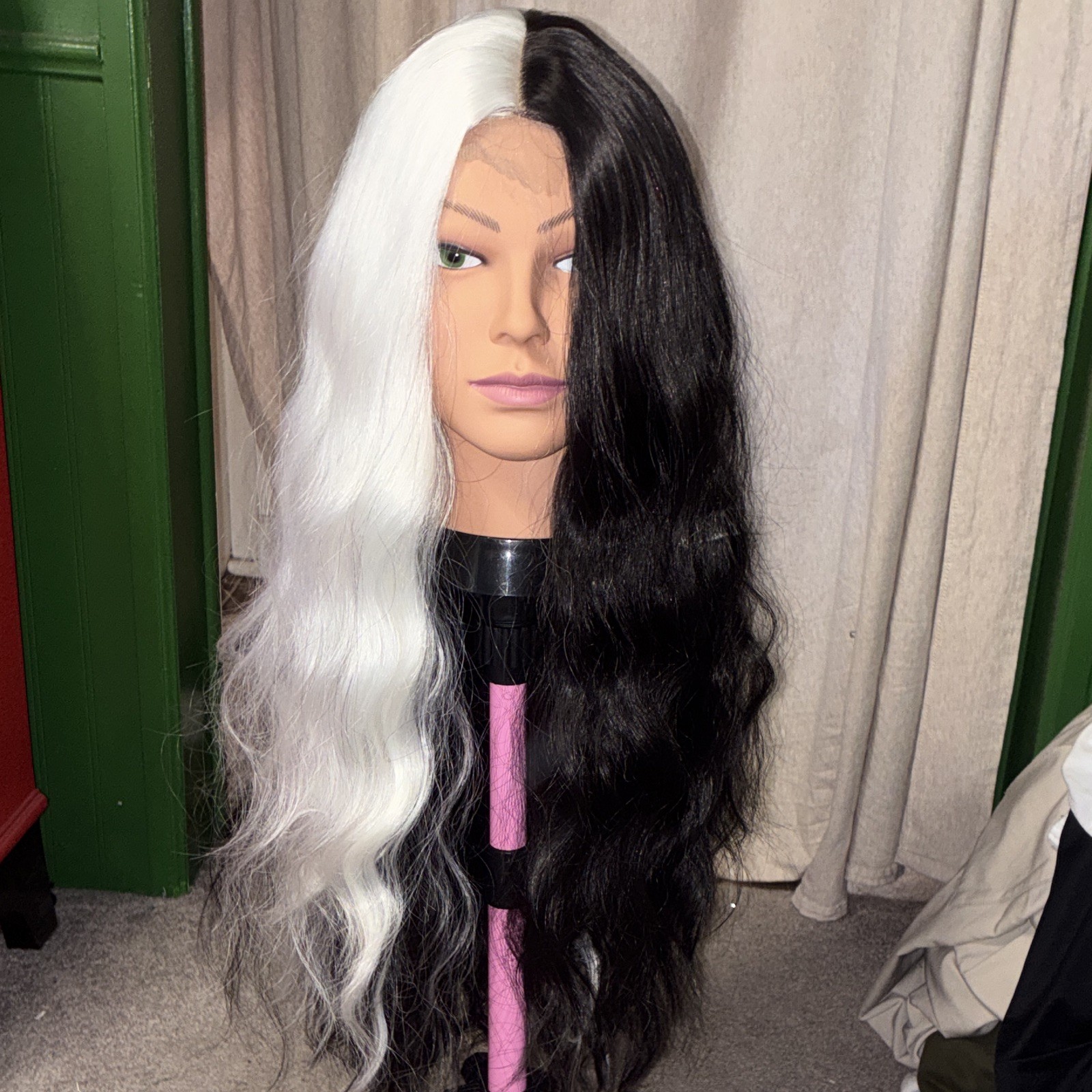 Lace Front Long Wavy Black White Synthetic Wig Middle Part Adjustable Strap 28”