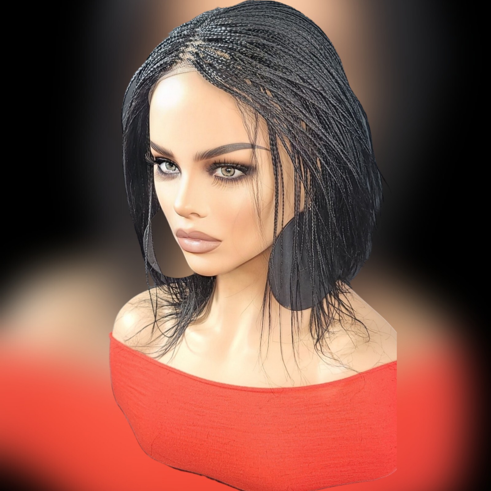 Braided Wig Micro Braids Bob Jet Black Full Lace Glueless Handmade 10″short
