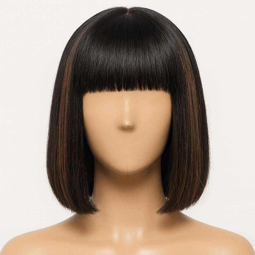 Synthetic Short Straight Hair Wig – Black Brown Blonde Highlights 12″