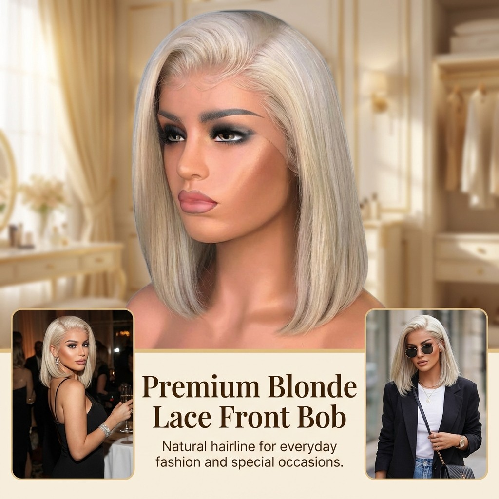 Golden Blonde Short Bob Cut Wig with Middle Part Straight Hair Fashionable Style