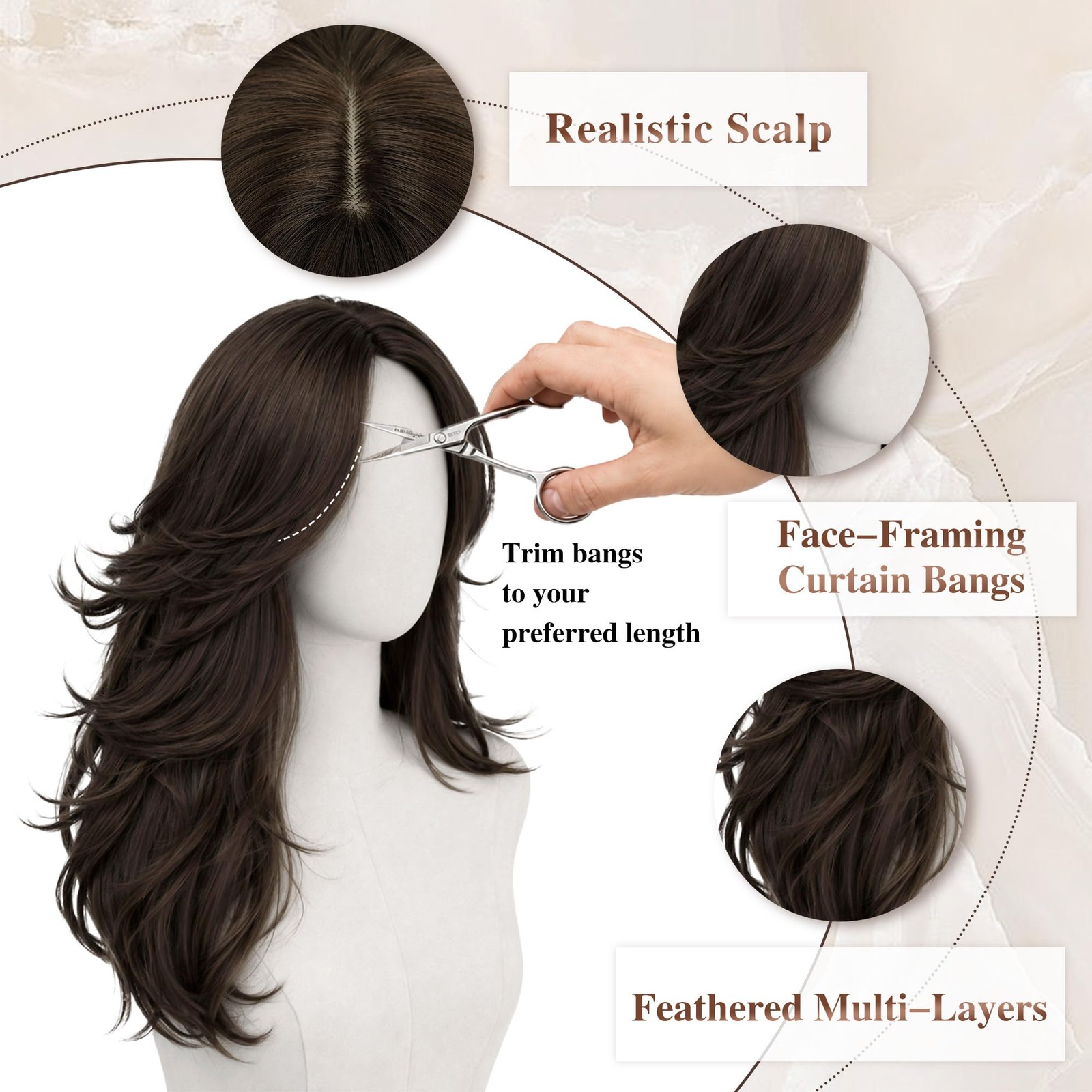 Dark Brown Layered Wig with Bangs, Long Wavy Wig with Curtain Bangs(Can Be Tr…
