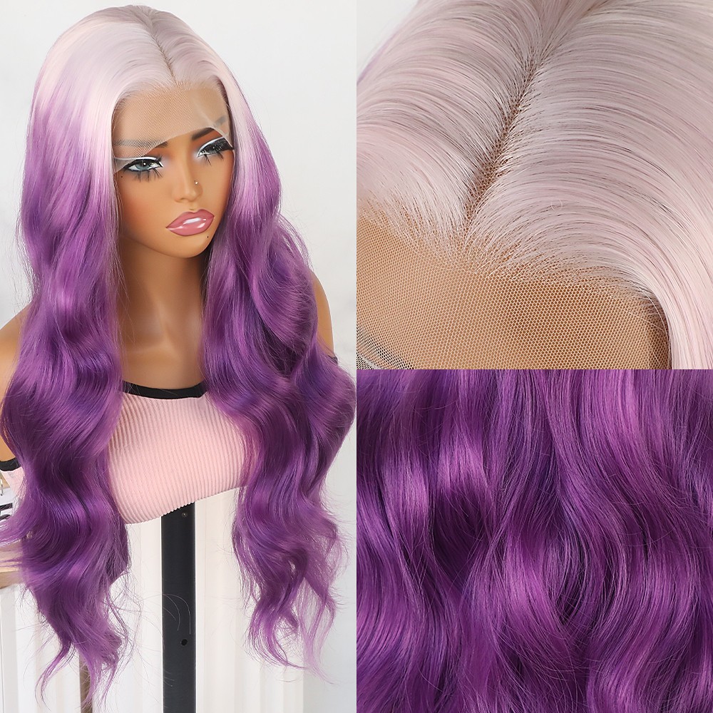 Body Wave Lace Front Wigs Ice Pink Ombre Purple Hair Long Wavy Heat Safe Natural