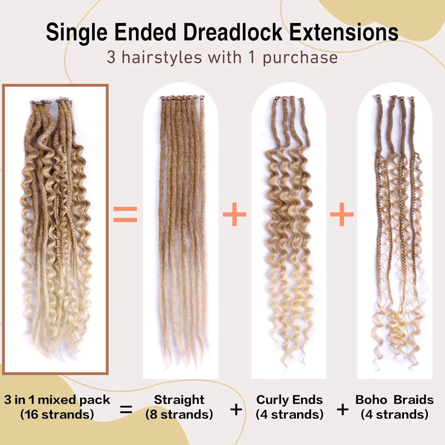 Single End Dreadlocs Braids Hair Extensions 3 In 1 Mixed Hippie Style for Women