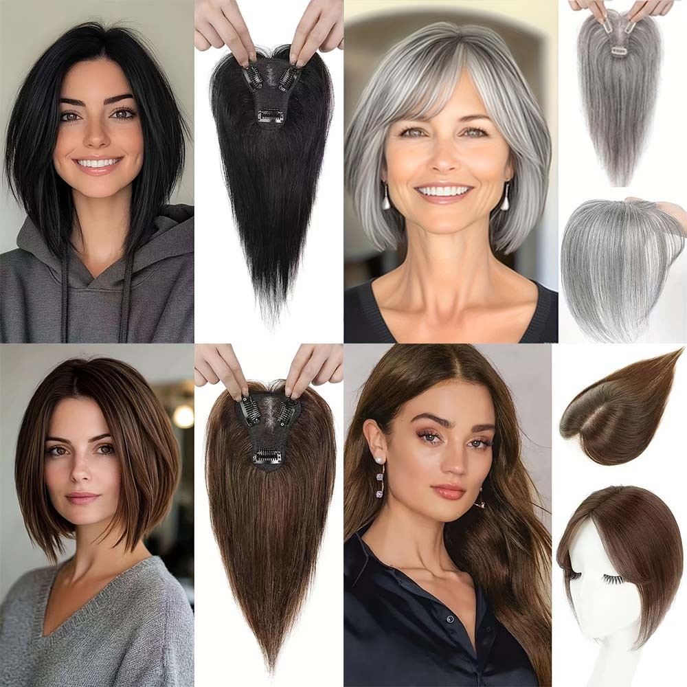 Soft Breathable Human Hair Topper with Bangs for Thinning Hair & Gray Coverage