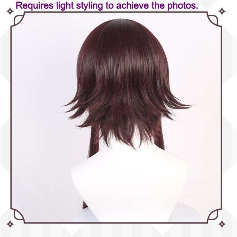 Shoulder Length Dark Reddish Brown Layered Straight Wig Blunt Bangs Synthetic