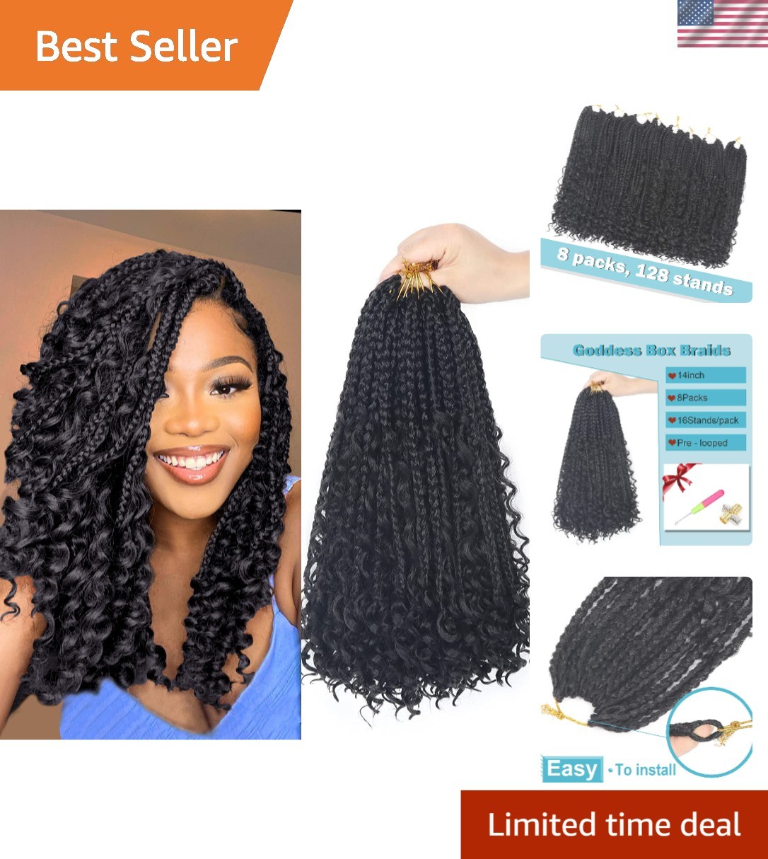 Goddess Bohemian Box Braids – 14 Inch Curly Synthetic Hair Extensions, Pack of 8
