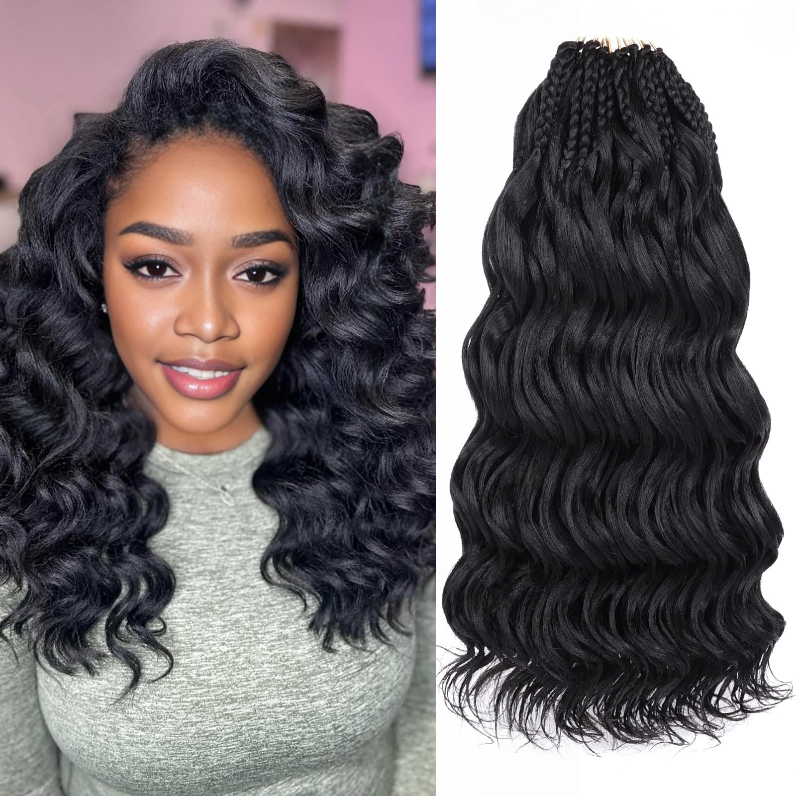 14 Inch Pre Looped Ocean Wave Crochet Braids 8 Packs Black Short Curly Croche…