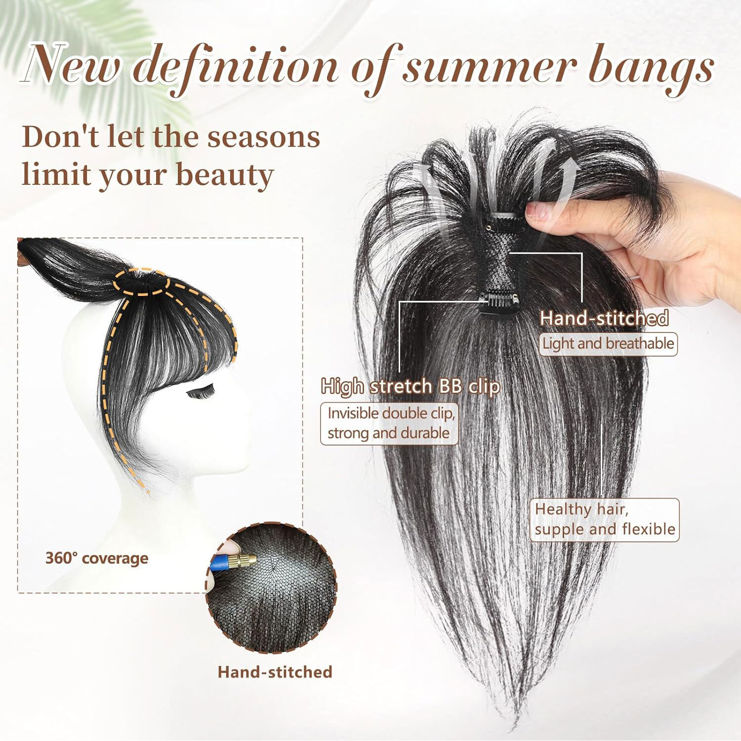 Clip in Bangs Topper 100% Remy Human Hair 360° 3D Wispy Fake Bangs Black Brown X
