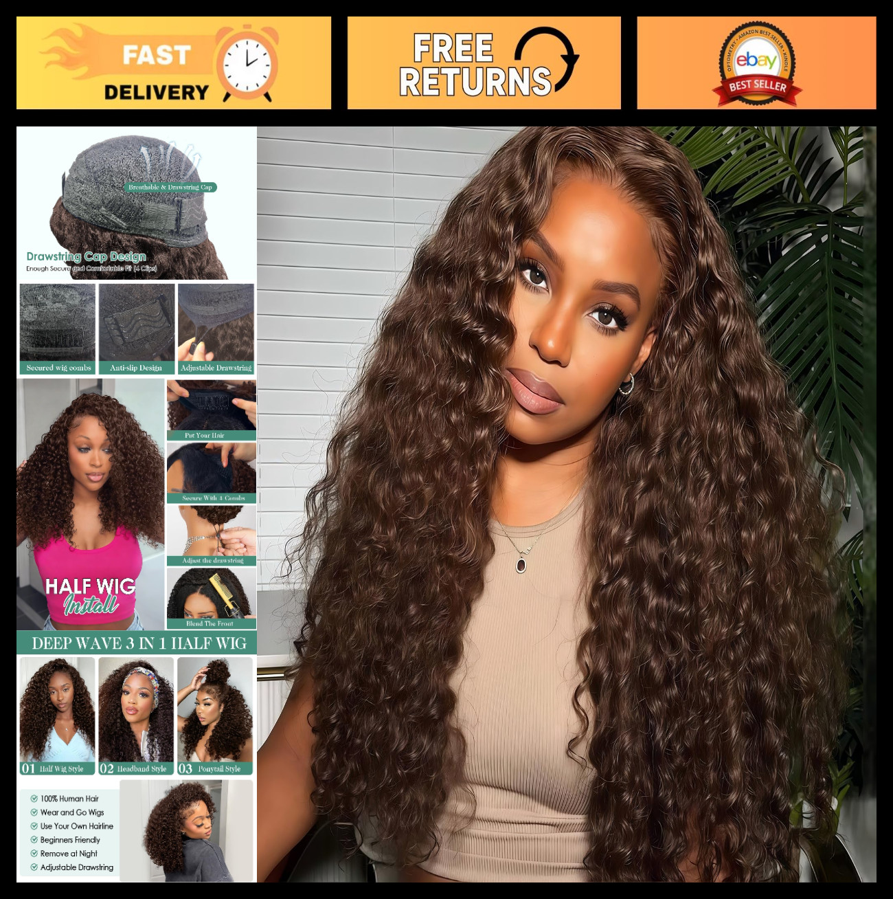 180% Density 22 Inch Deep Wave Half Wig for Black Women – Chocolate Brown Curly
