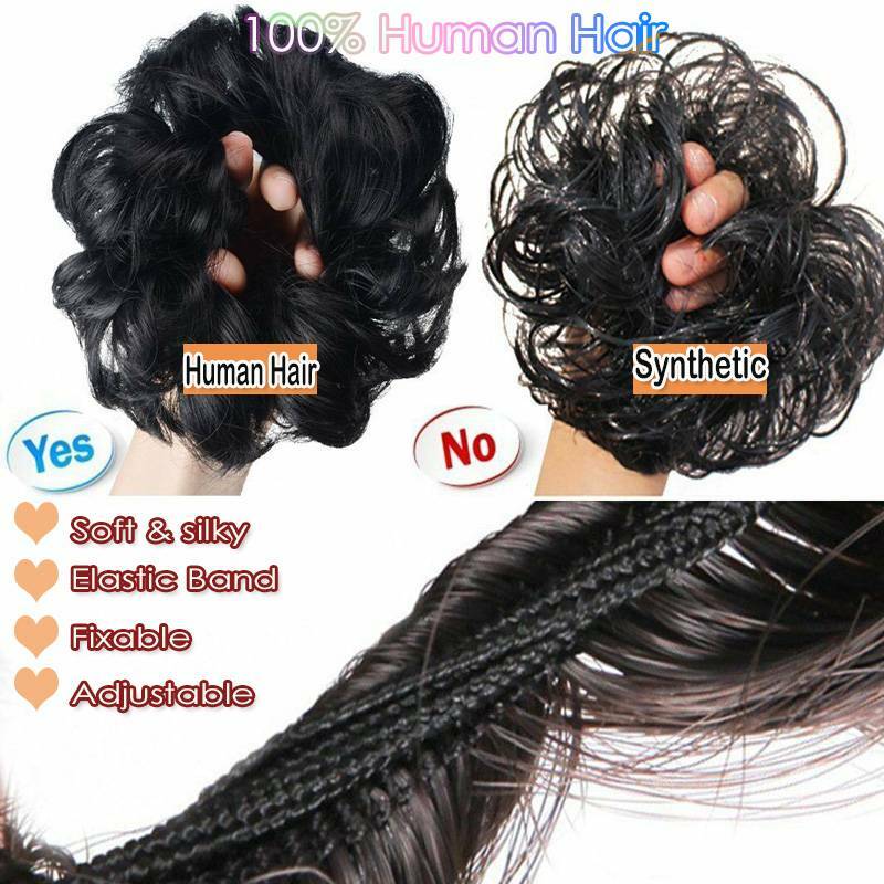 Real 100% Remy Human Hair Scrunchie Ponytail Bun Elastic Band Straight Messy US