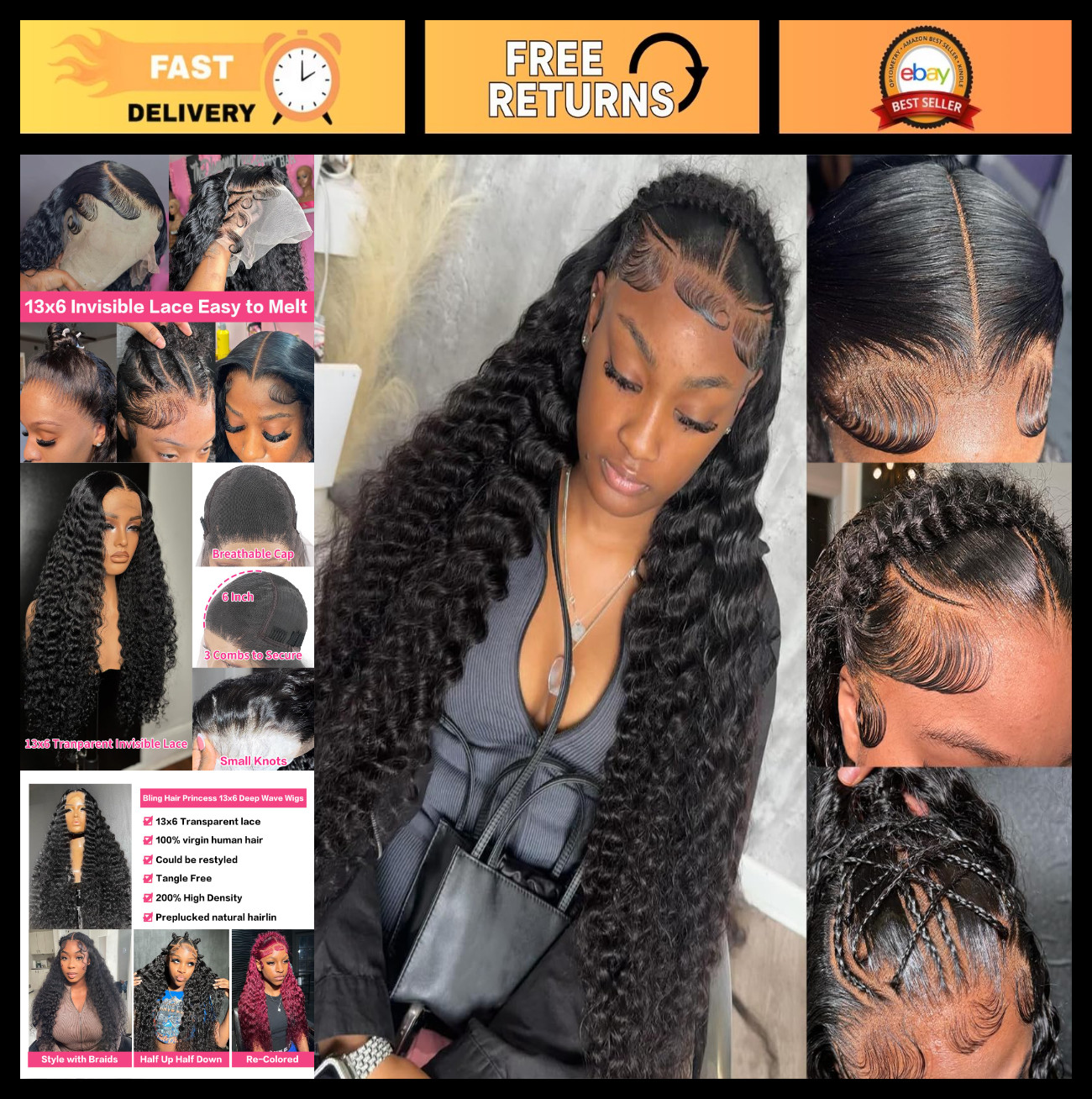 36″ Deep Wave Lace Frontal Wig – 13×6 Transparent Curly Human Hair, 200% Density