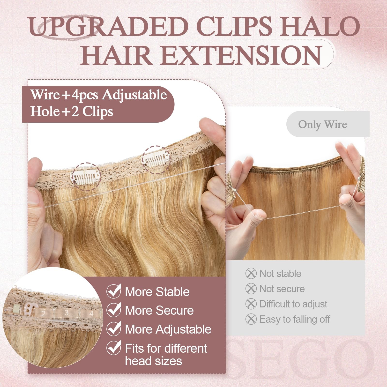 Sego Pro Halo Hair Extensions Real Human Hair Wavy Invisible Wire Hairpiece