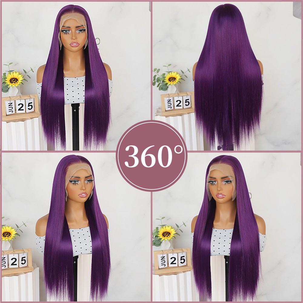 Women Purple Straight Hair 13×6 Free Part Pre Plucked Natural Hairline Glueless