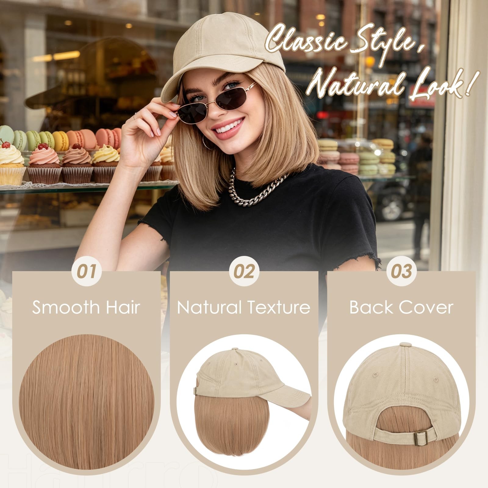 Hairro Hat Wigs For Women Baseball Hat Hair Attached Beige Cap Dark Blonde Hair