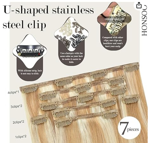 Honsoo 22in Hair Extensions Real Human Hair Clip Ins 70g 7pcs Honey Blonde To Bl