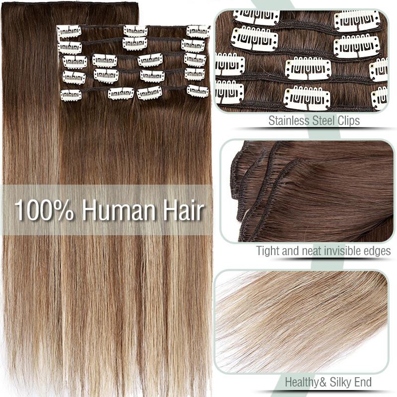 CLEARANCE Clip In Extensions 100% Remy Real Human Hair Full Head 8Pieces 18Clips