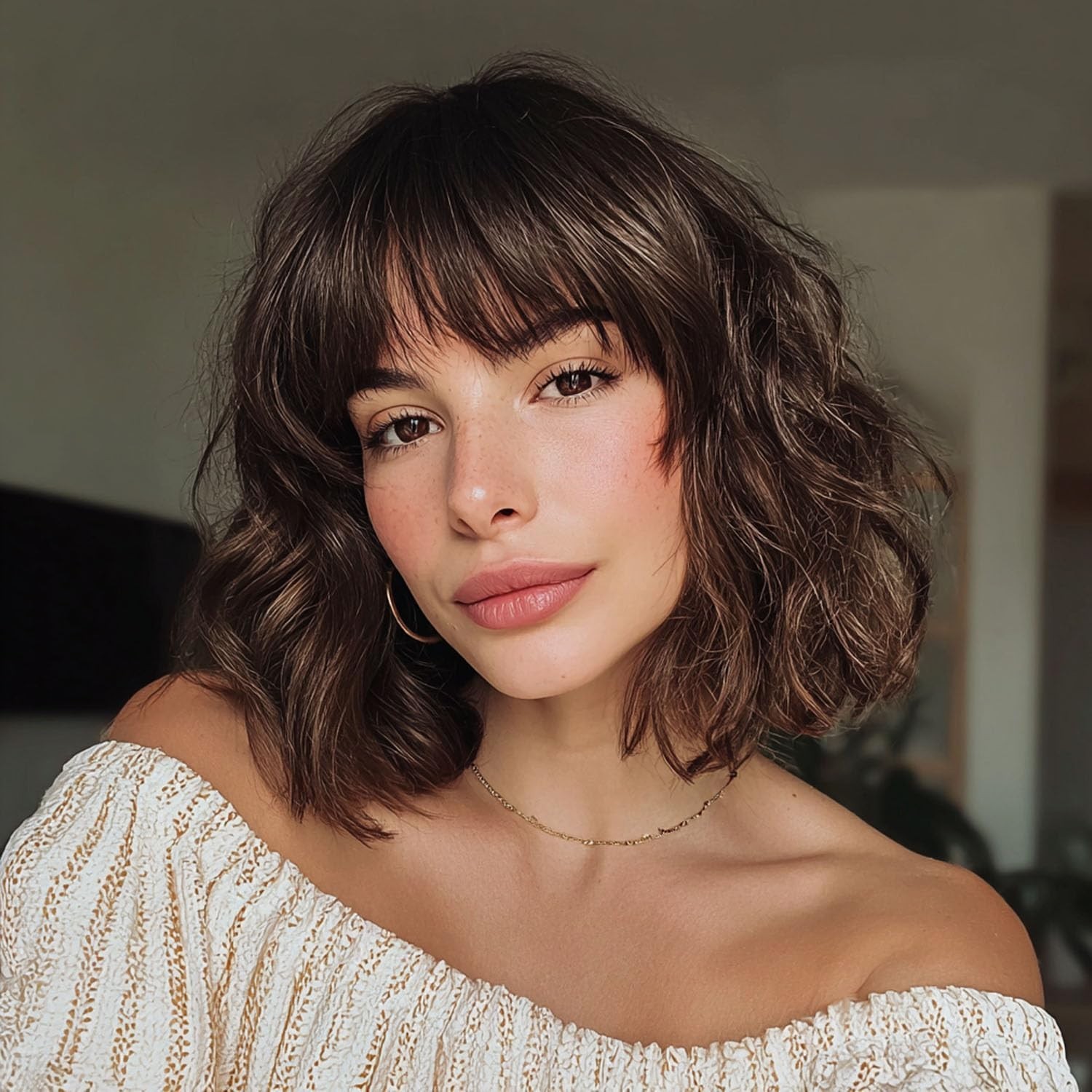 14″ Brown Gold Highlight Wavy Bob Wig for Women Daily Wear 97E209905