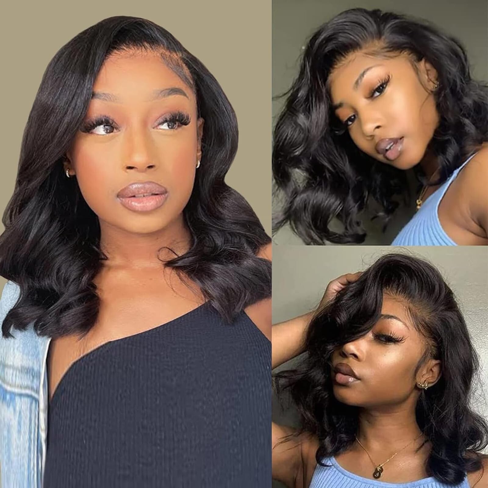 14″ Brazilian Bob Wigs Human Hair Natural Black Wave Lace Front Glueless Wigs