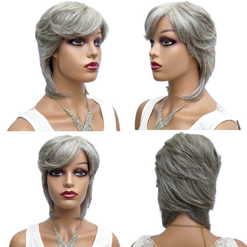 Non Lace Machine Made Full Wig Hair Salt and Pepper Gray Ready to