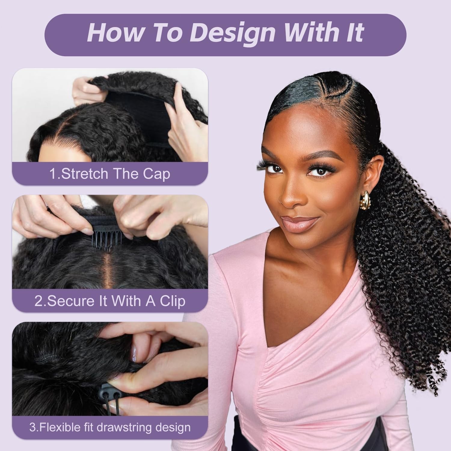 Half Wig Human Hair 3 In 1 Drawstring Seamless Flip Curly Half Wig for Women