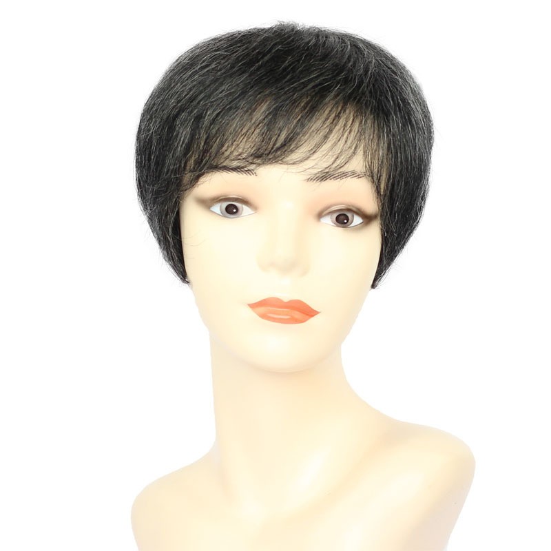 Short Grey Mixed Black Grey Pixie Cut Salt and Pepper Pixie Wigs with Bangs