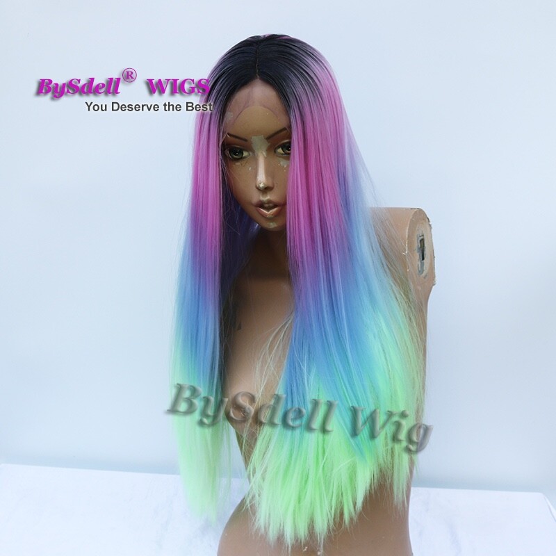 Synthetic long straight Pastel Ombre black pink blue green color Lace Front Wigs