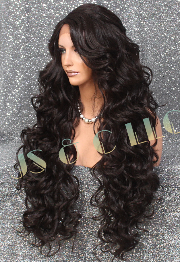 40″ Human Hair Blend Mono Top Full Lace Front Wig Dark Brown Heat OK WBPR 4