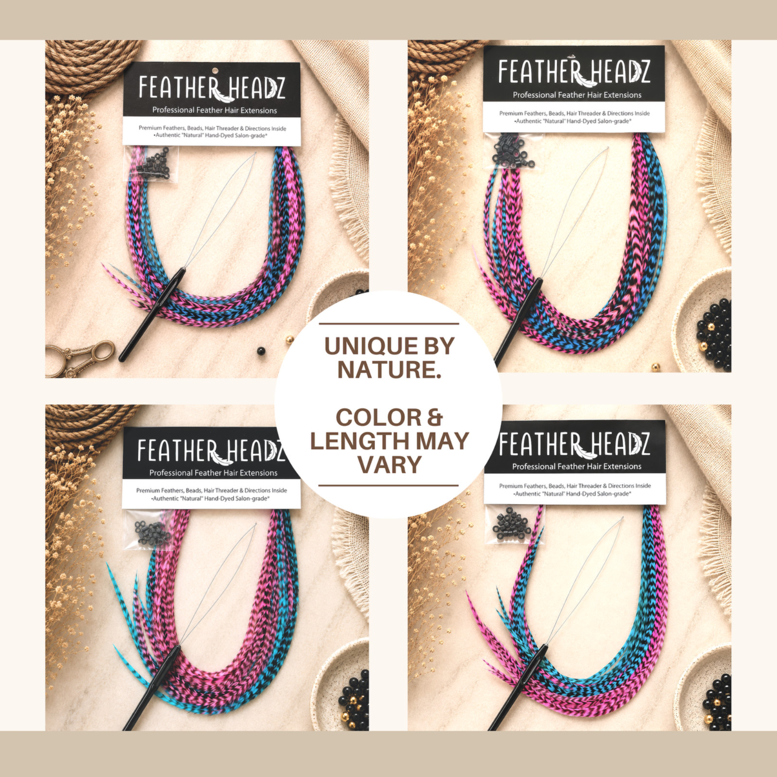 21 pcs. PINK&TURQUOISE Grizzly 6-10″ Feather Extension, Whiting Farms + DIY Kit
